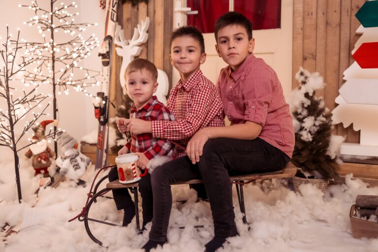 Frați pe sanie în decor de iarnă
